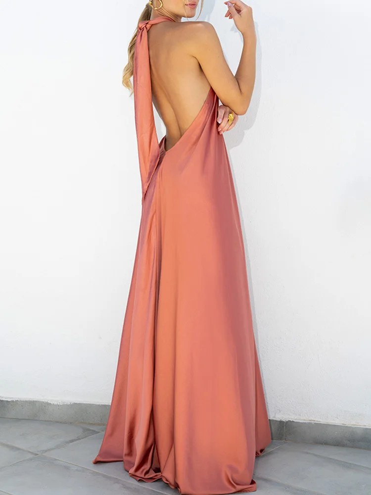 Elegant Women Solid Maxi Beach Dress Sexy Halter Neck Backless Lady Party Dress 2022 Summer Sleeveless Loose Long Dress Vestidos