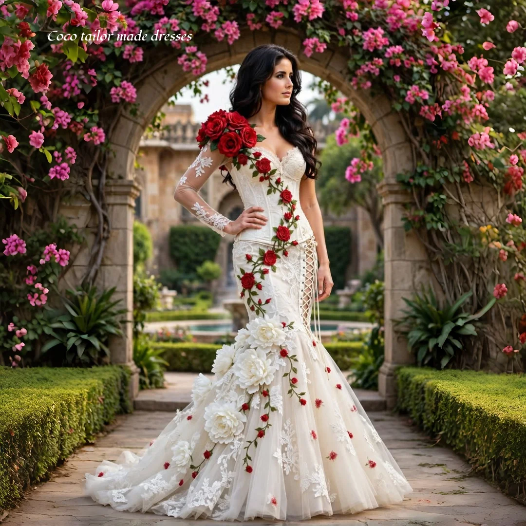 Mexican Traditional Mermaid Lace Wedding Dress Long Sleeve 3D Red Floral Appliqué Corset Ivory Bridal Gown Customized