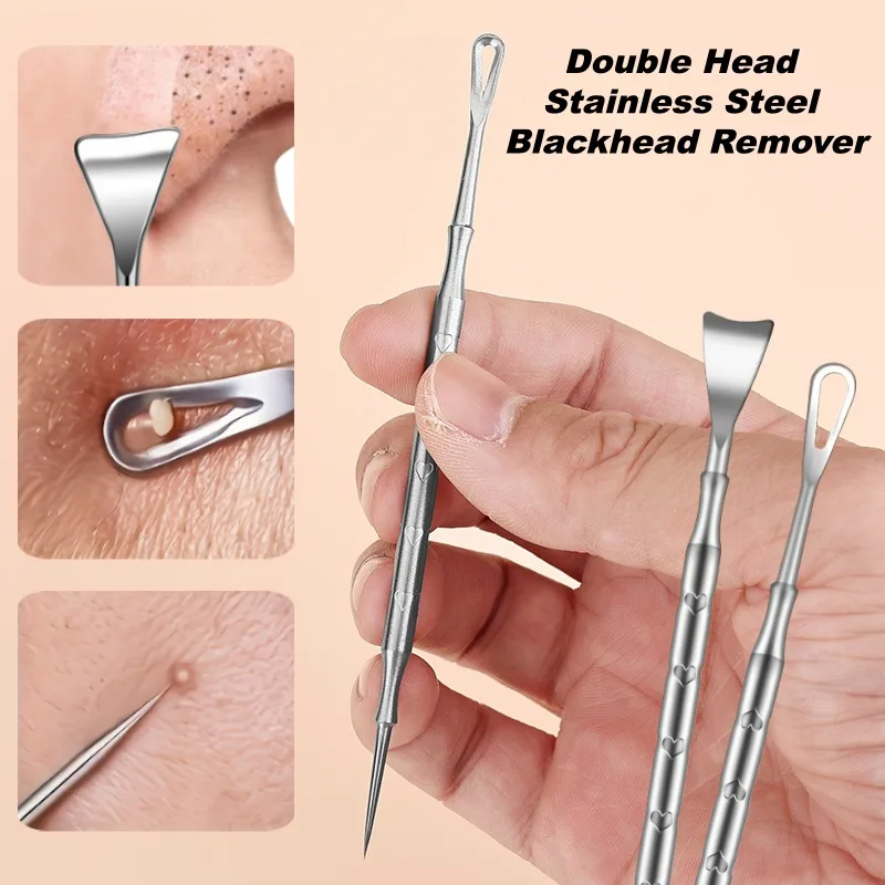 Extractor de espinillas de doble cabezal de acero inoxidable, herramienta extractora de imperfecciones, eliminación de espinillas y comedones, Extractor de imperfecciones faciales y nariz, 1/2 Uds.