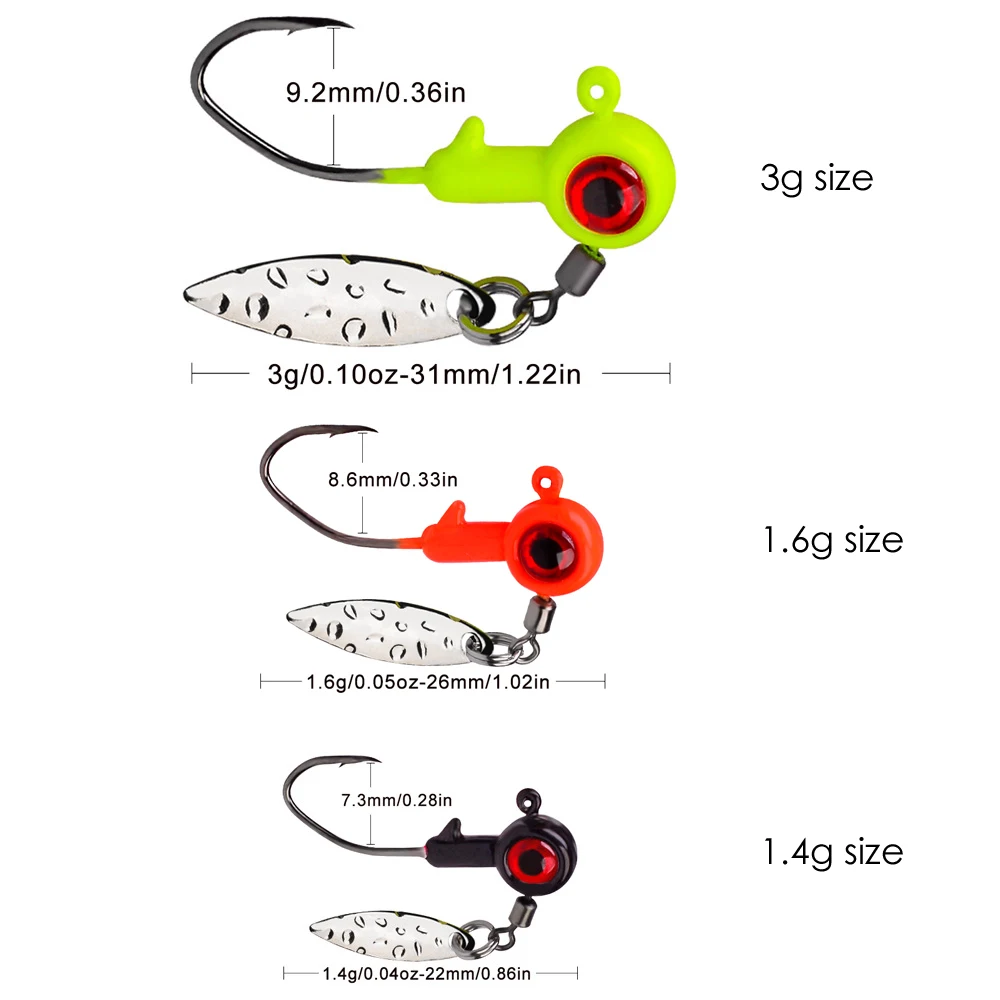 

PROBEROS 5pcs Jig Head Hooks Spinner 1.4g-1.6g-3g Exposed Jigging Hooks With 3D Eyes Barbed Hooks Spoon Soft Lure Fishing Tackle