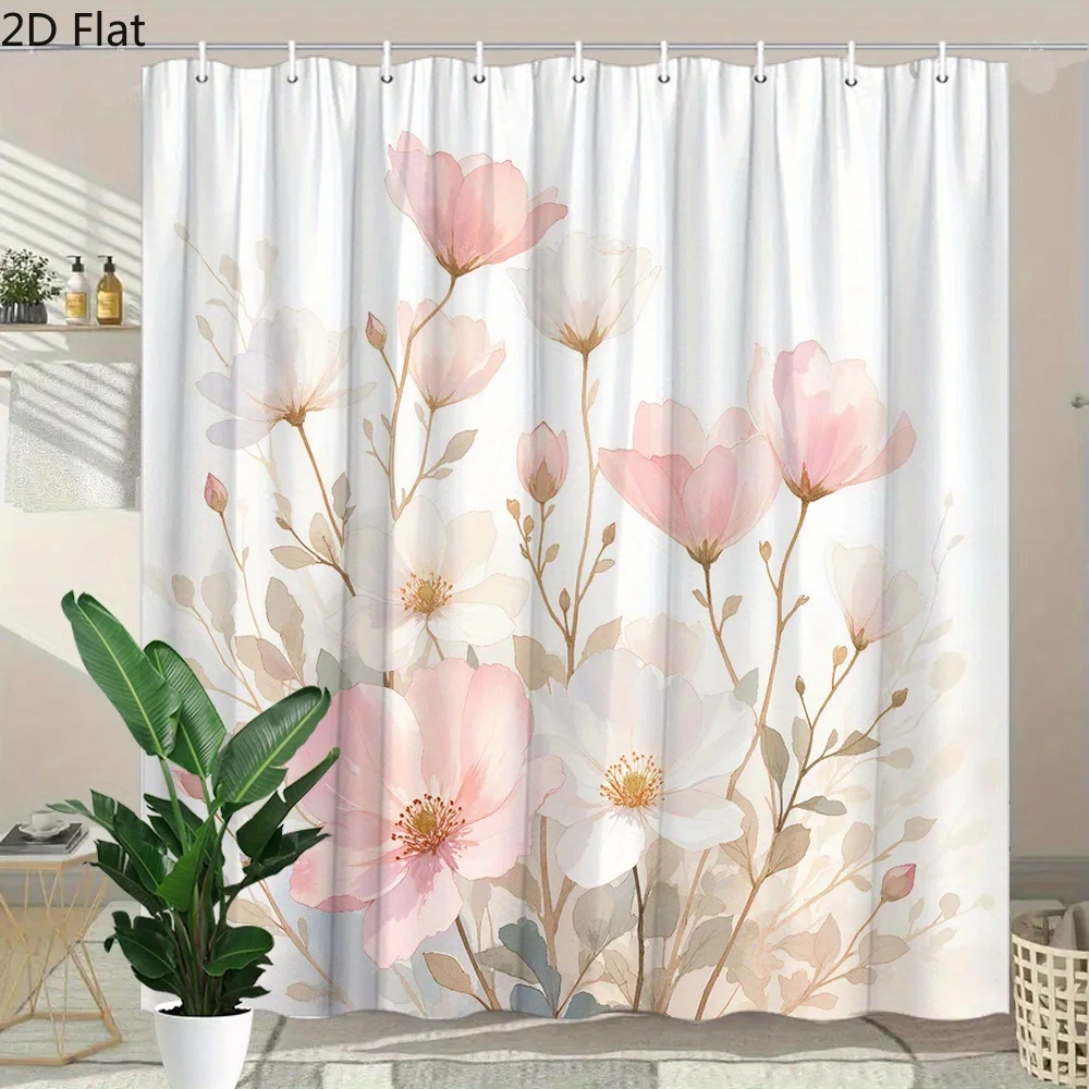 

Bohemian Floral Shower Curtain Waterproof Polyester Bathroom Shower Liner Pink Flower Print Home Decor Accessories