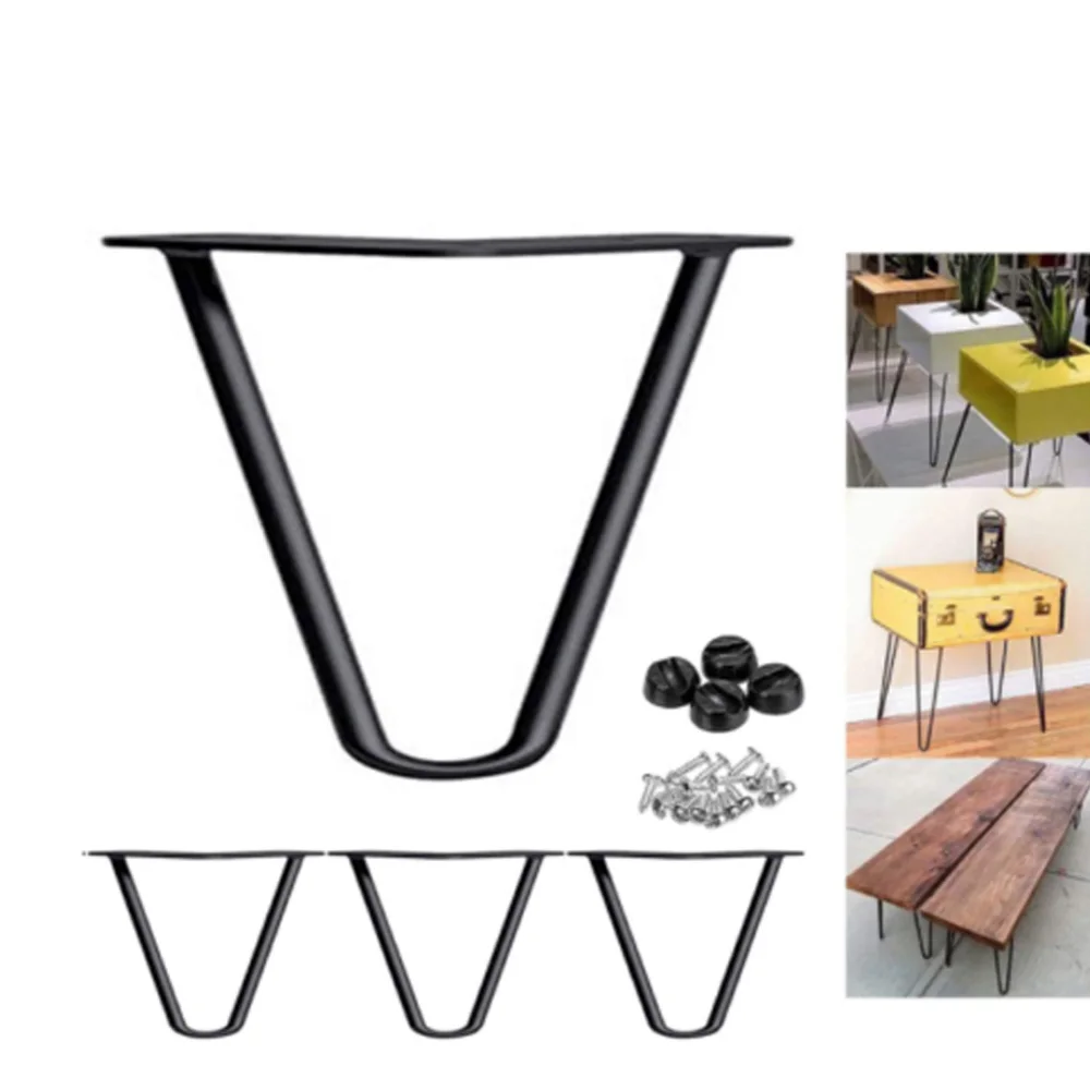 4Pcs Hairpin Table Legs Heavy Duty DIY Furniture 4inch Metal Table Legs with Free Screws & Protector Feet 2Rods,Black (10cm)