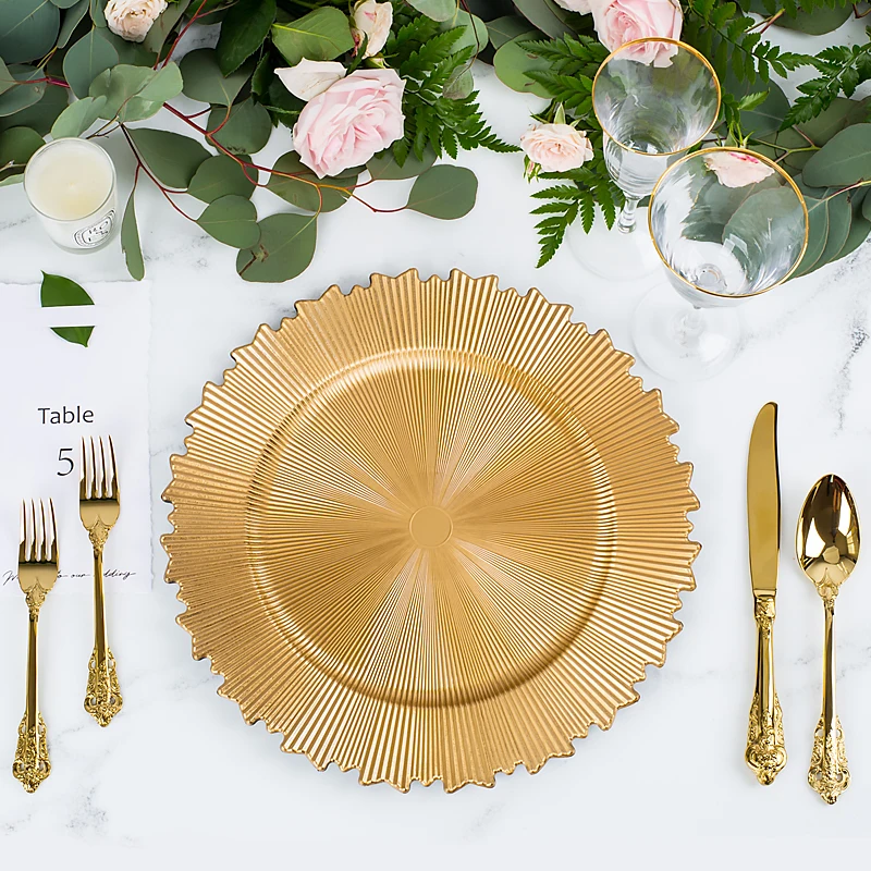 

12pcs Luxury Wholesale Plastic Silver Rose Gold Rim Reef Charger Plates For Wedding Bulk Decorative Set Decoration Dinner Table