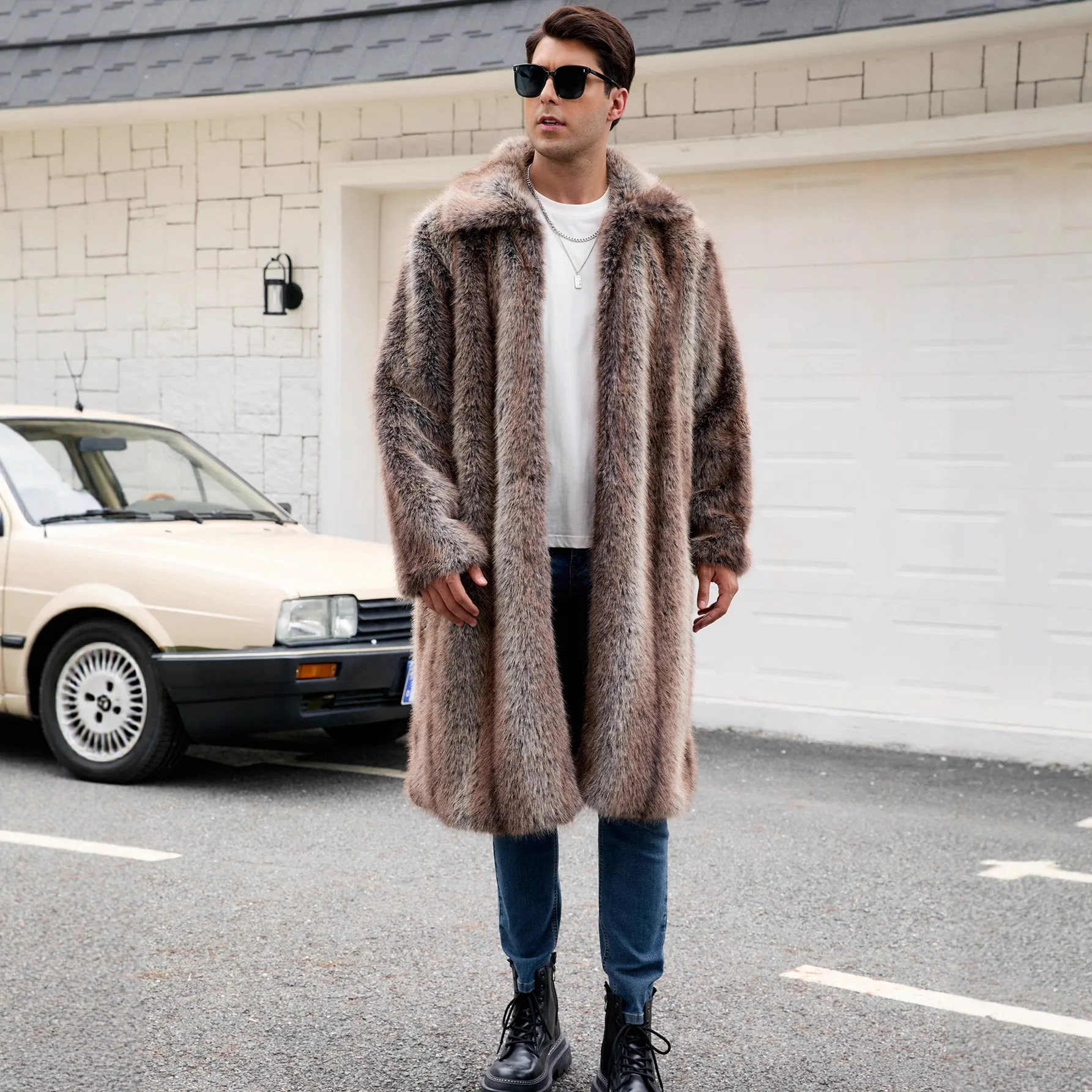 European American Autumn Winter New Fashion Men's Brown Casual Trendy Loose Turn-down Collar Long Sleeve Faux Fur Coats Female