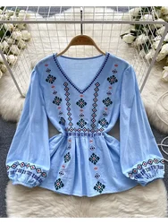 Women Spring Autumn Blouse Vintage Ethnic Style Heavy Industry Embroidery Long Sleeve Top New Waist Ruffled Short Blouse D4924