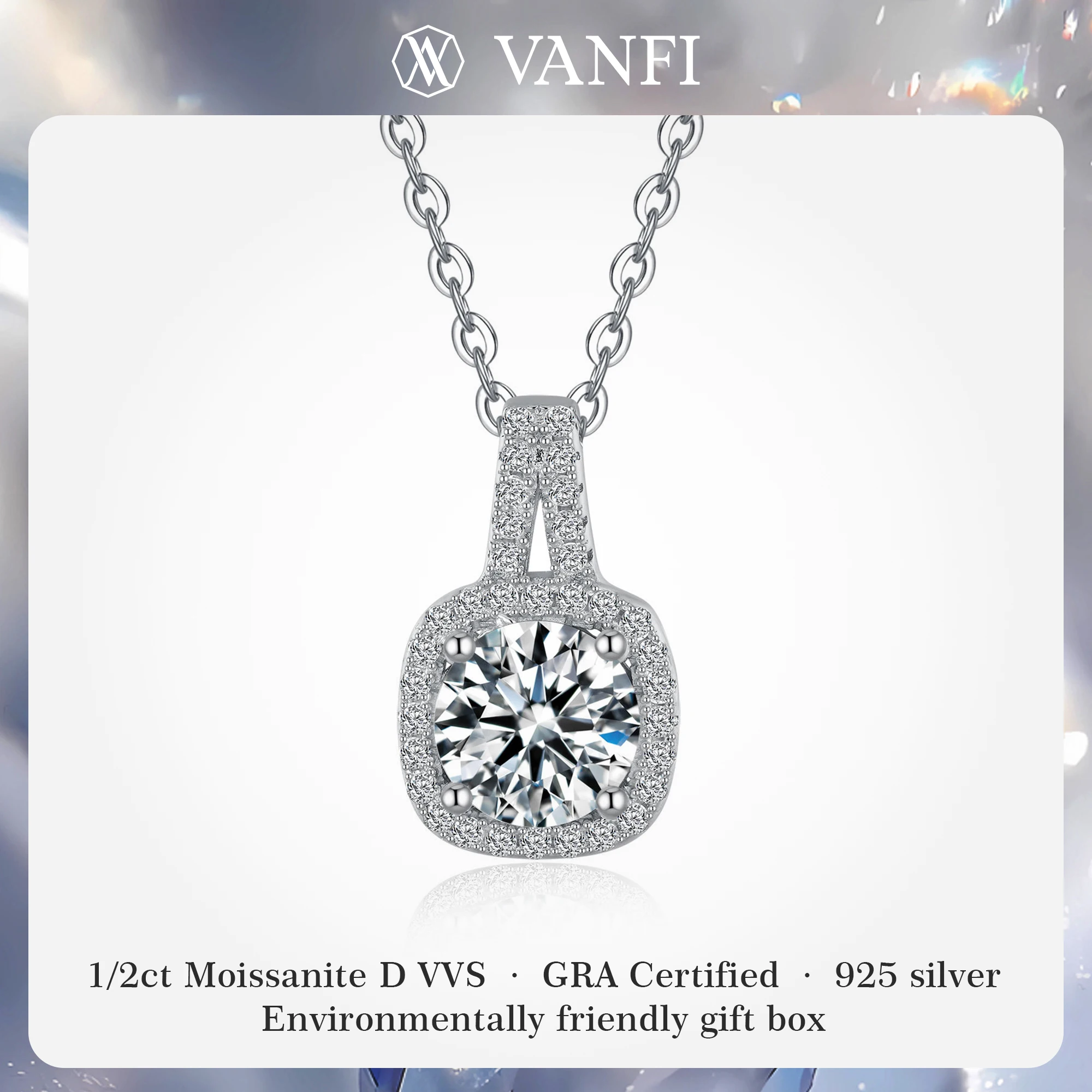 

Kfvanfi 1/2CT Роскошное ожерелье с подвеской из муассанита, белое золото 18 карат, стерлинговое серебро, большой камень, эффектные ювелирные изделия для женщин