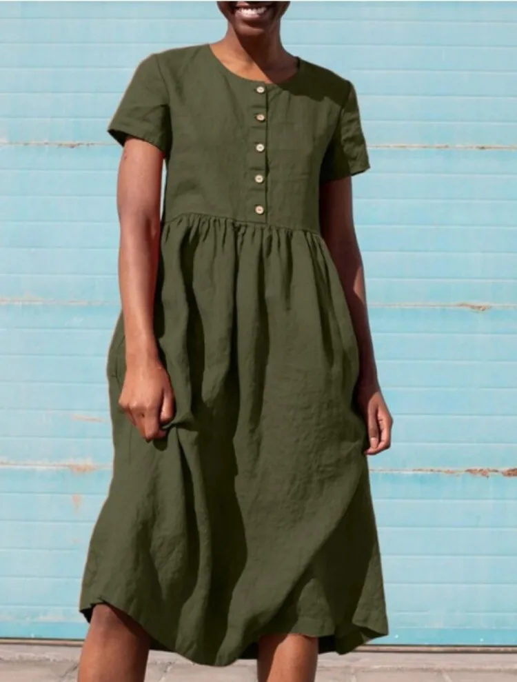 New round neck short-sleeved splicing single-breasted solid color cotton dresses