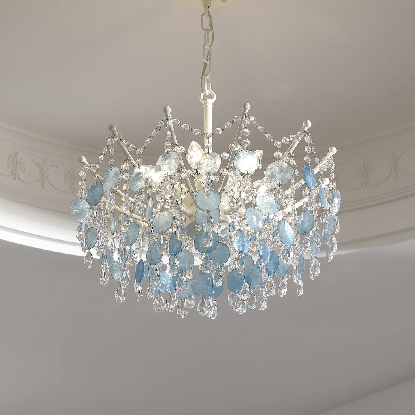 French Luxury LED Pendant Lights Blue White Natural Shell Crystal Chandelier Lamps for Romantic Living Dining Bedroom Home Decor