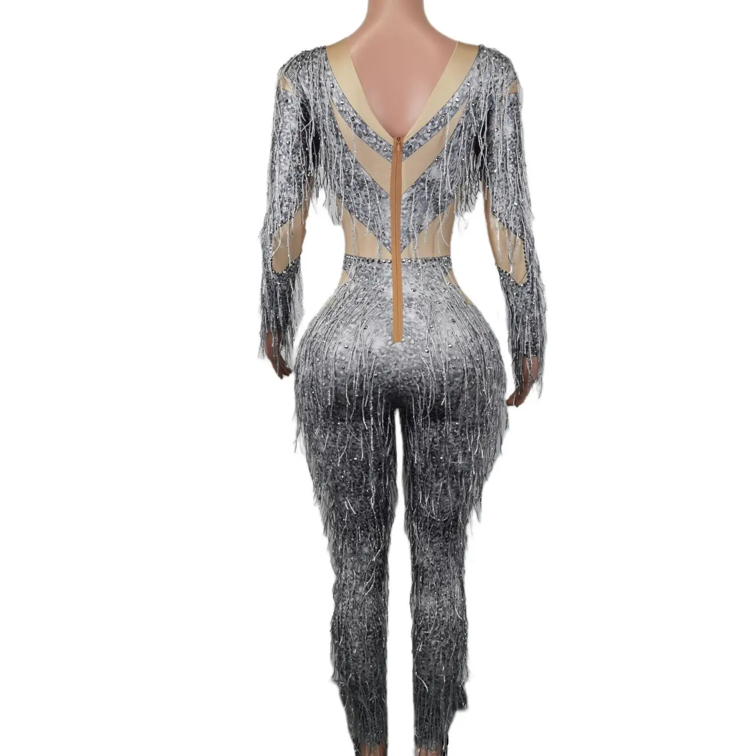 Rhinestones Tassel Jumpsuit Backless Long Sleeve Bodycon Ladies Nightclub Performance Outfit Dance Evening Party Costume Huihuzi