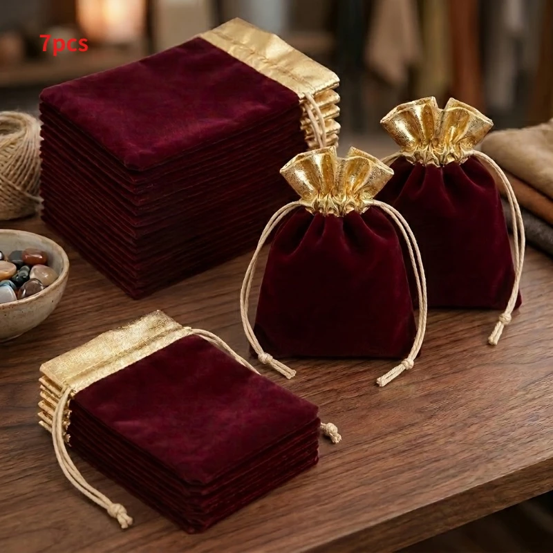 Gifts for Her/Him Pack of 7pcs, Velvet Drawstring Bag, Velvet Jewelry Gift Bag, Burgundy Velvet Bag with Metallic Golden Trim