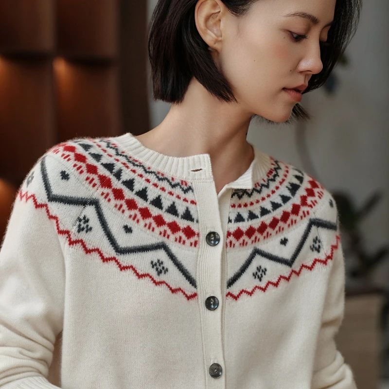 

Women's O-Neck Cashmere Cardigan Autumn Winter 100% Cashmere Sweater Vintage Jacquard Fair Isle Knit Casual Comfortable Top