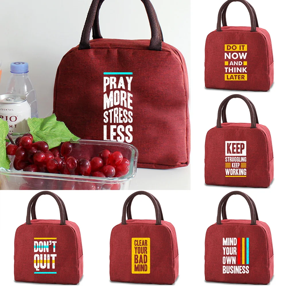 

New Phrase Printing Pattern Lunch HandBag Cooler Insulated Bag Canvas Bento Tote Thermal School Dinner Picnic Food Storage Pouch