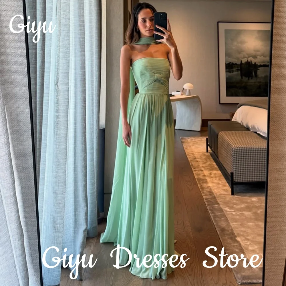 

Giyu Elegant Grass Green Evening Dresses Saudi Arabic Dubai Strapless Pleat Scarf Chiffon Prom Gowns Customsies Party Dresses