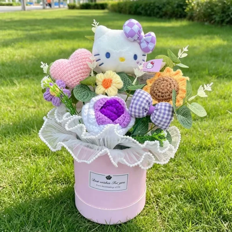Echte Hellokitty Plüschtiere mit Gehäkelten Blumen Kreative Sträuße Tischdekoration für Zuhause Weihnachts- Geburtstags- und Neujahrsgeschenk – Detail 5