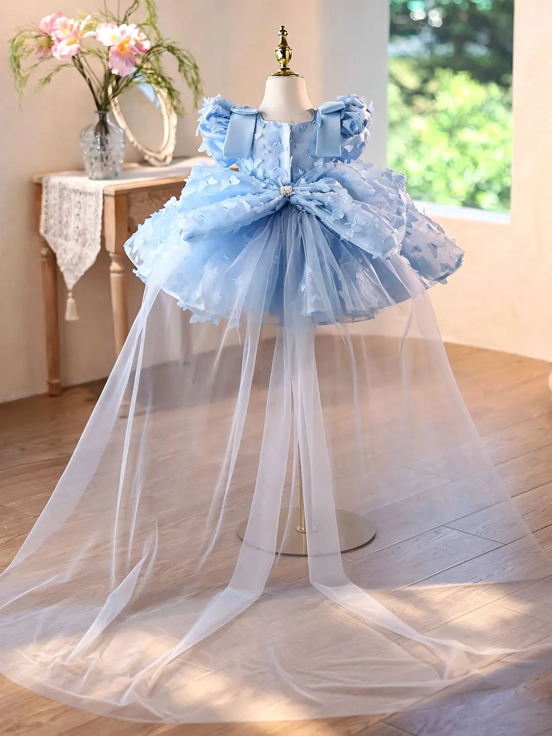 Dreamy Vow D293 Puff Bow Pearl 3D Butterfly Tulle Trailing Kids Flower Girl Dress Blue Wedding Birthday Pageant Princess Formal