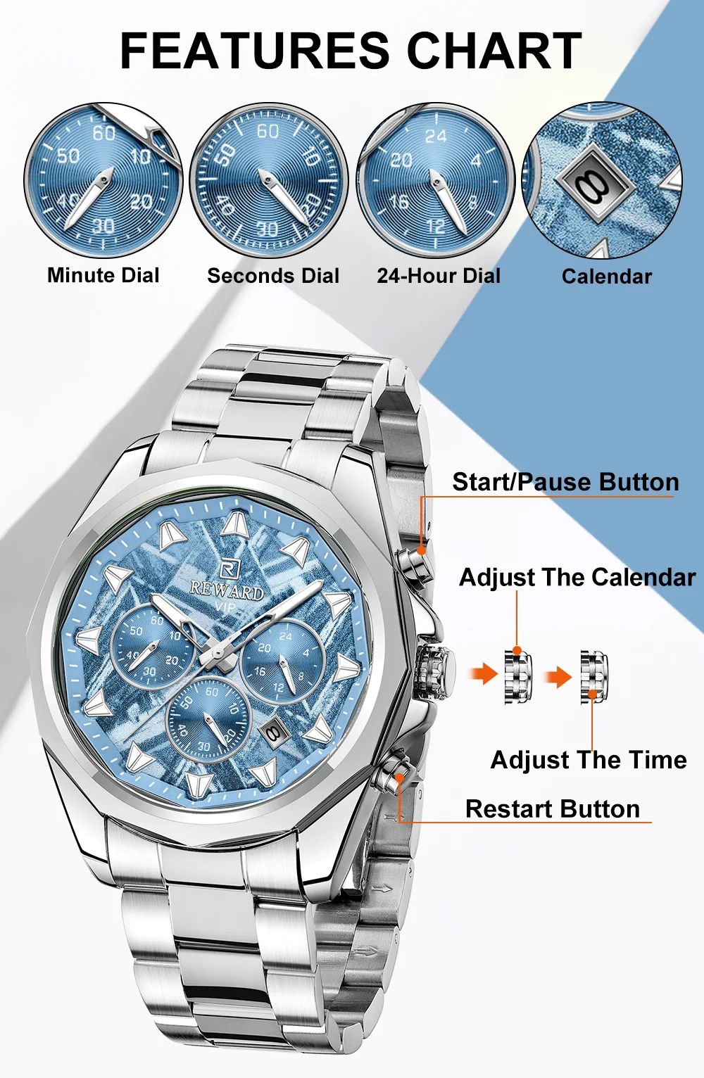 REWARD watch for men stainless steel fashion business chronograph watch luminous waterproof luxury men\'s wrist watch