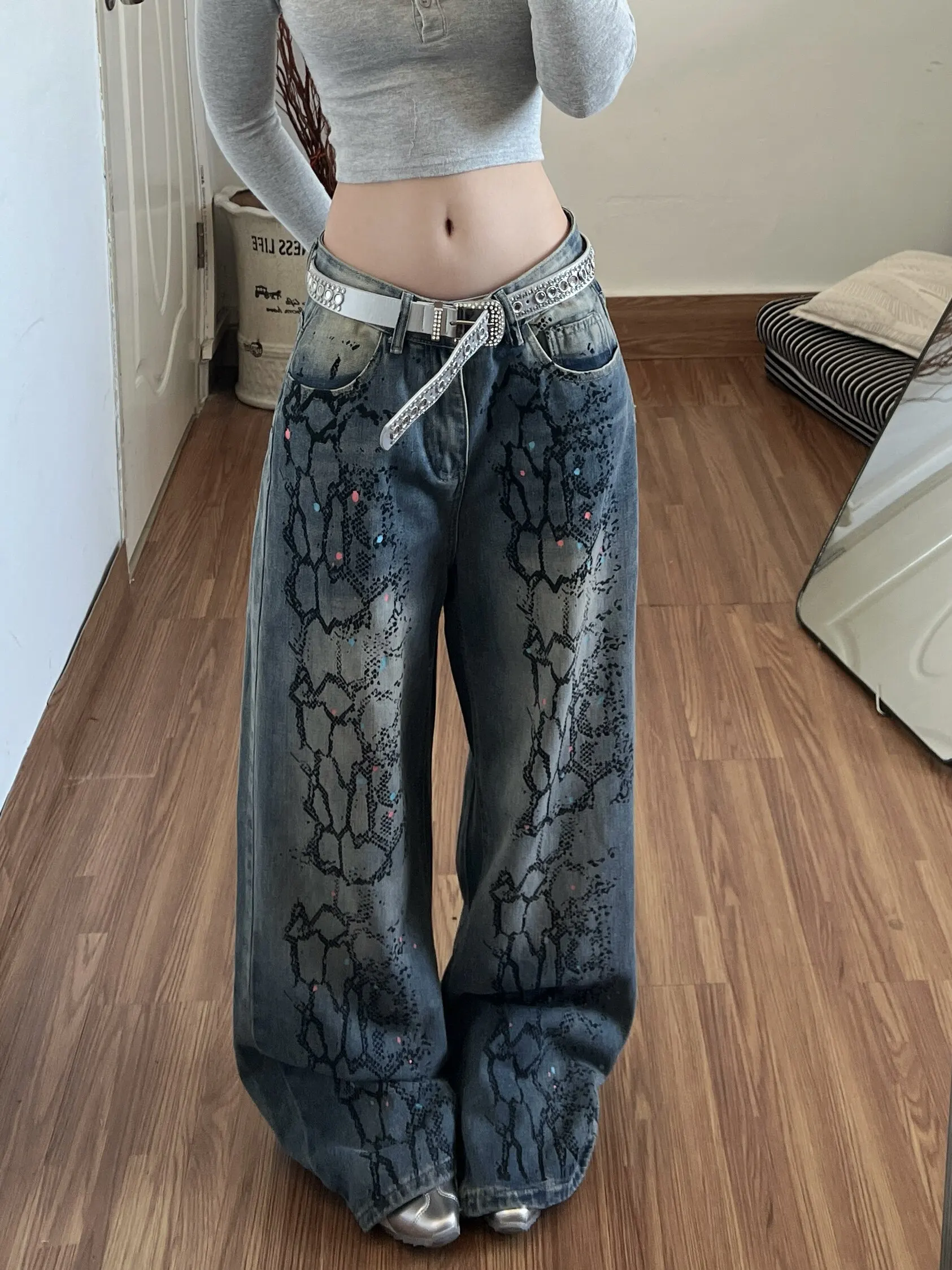 

Y2K Printed Denim Pants Women Spring Design Inspired Loose Slimming Wide Leg Straight Leg Jeans