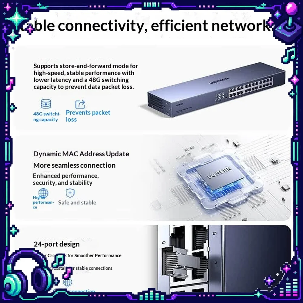 UGREEN CM950-85506 Gigabit Ethernet Switch 24 Port RJ45 Steel Housing 19 Inch Rack Mount Plug and Play for Office LAN CCTV