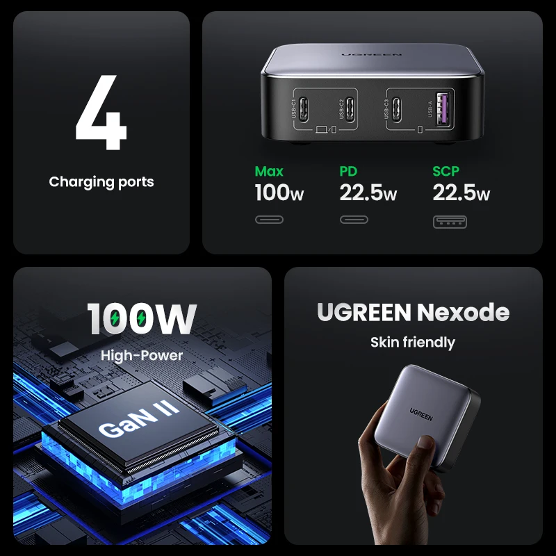 UGREEN 100W GaN Charger Desktop Laptop Fast Charger 4 in 1 Adapter For iPhone 16 15 14 Pro Max Xiaomi Samsung Tablet Macbook Air