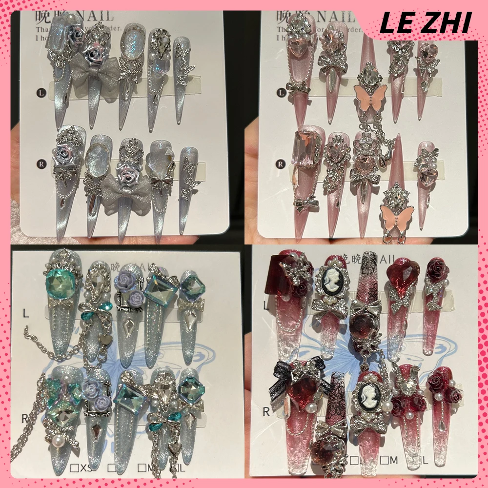 

High Quality Light Luxury Flash Long Tip Coffin Wearable Fake Nail Fashion Flowers Bow Butterfly Rhinestone Nail Party Sticker