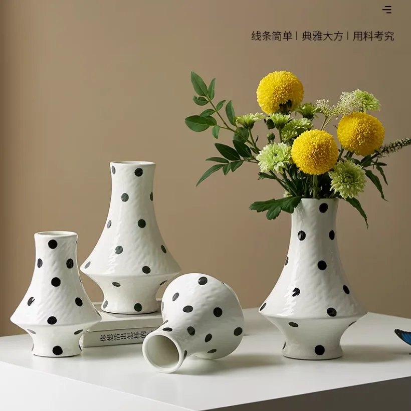 Retro Black and White Polka Dot Art Ceramic Vase for Flower Arrangement, Luxury Style Living Room Decor Item