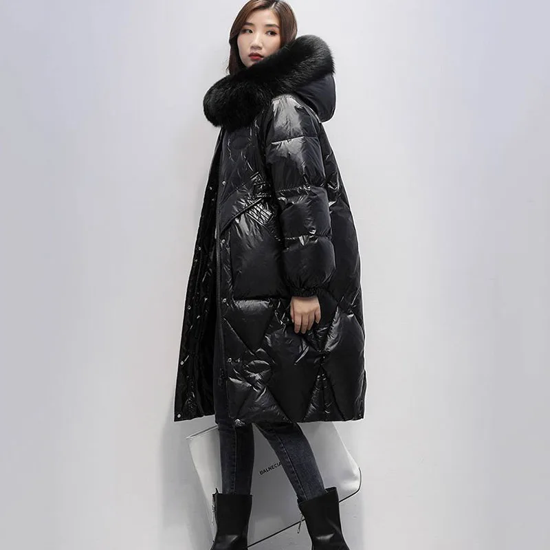 New Oversized Womens Down Cotton Jacket Winter Warm Jackets Coat Long Hooded Fur Collar Parka Overcoat Female Cold Jackets Black