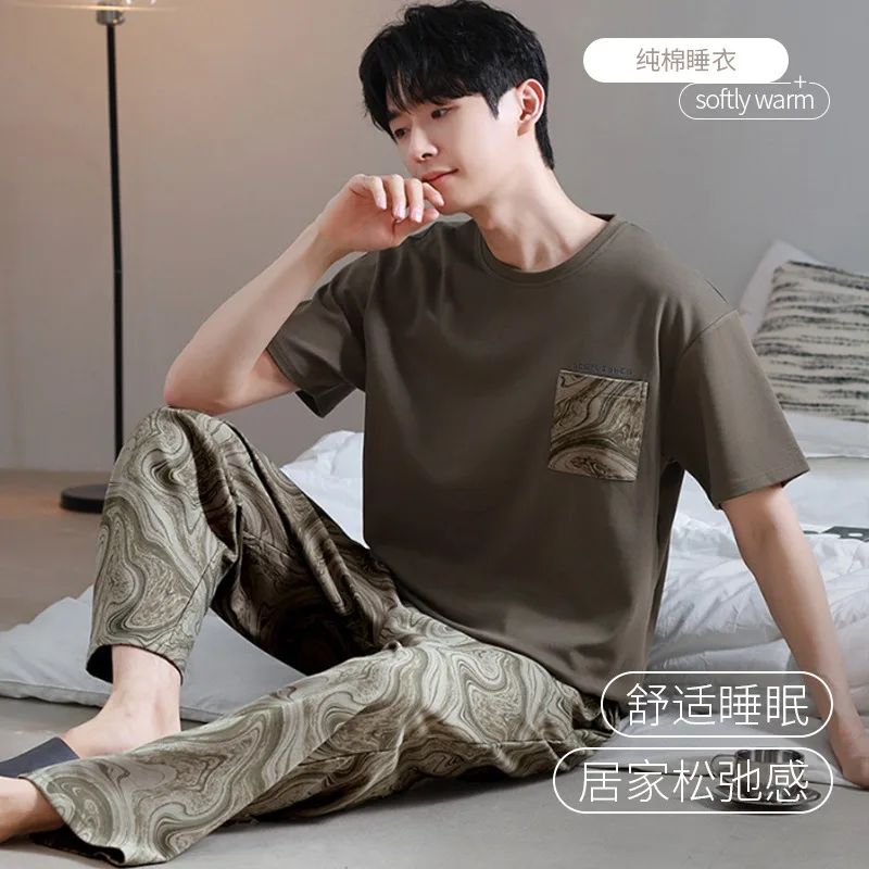 New Pajamas Suit Men Summer Pure Cotton Loose RoundNeck Thin Boy Loungewear Short-sleeved Two-piece Sleepwear Set Male Nighcloth