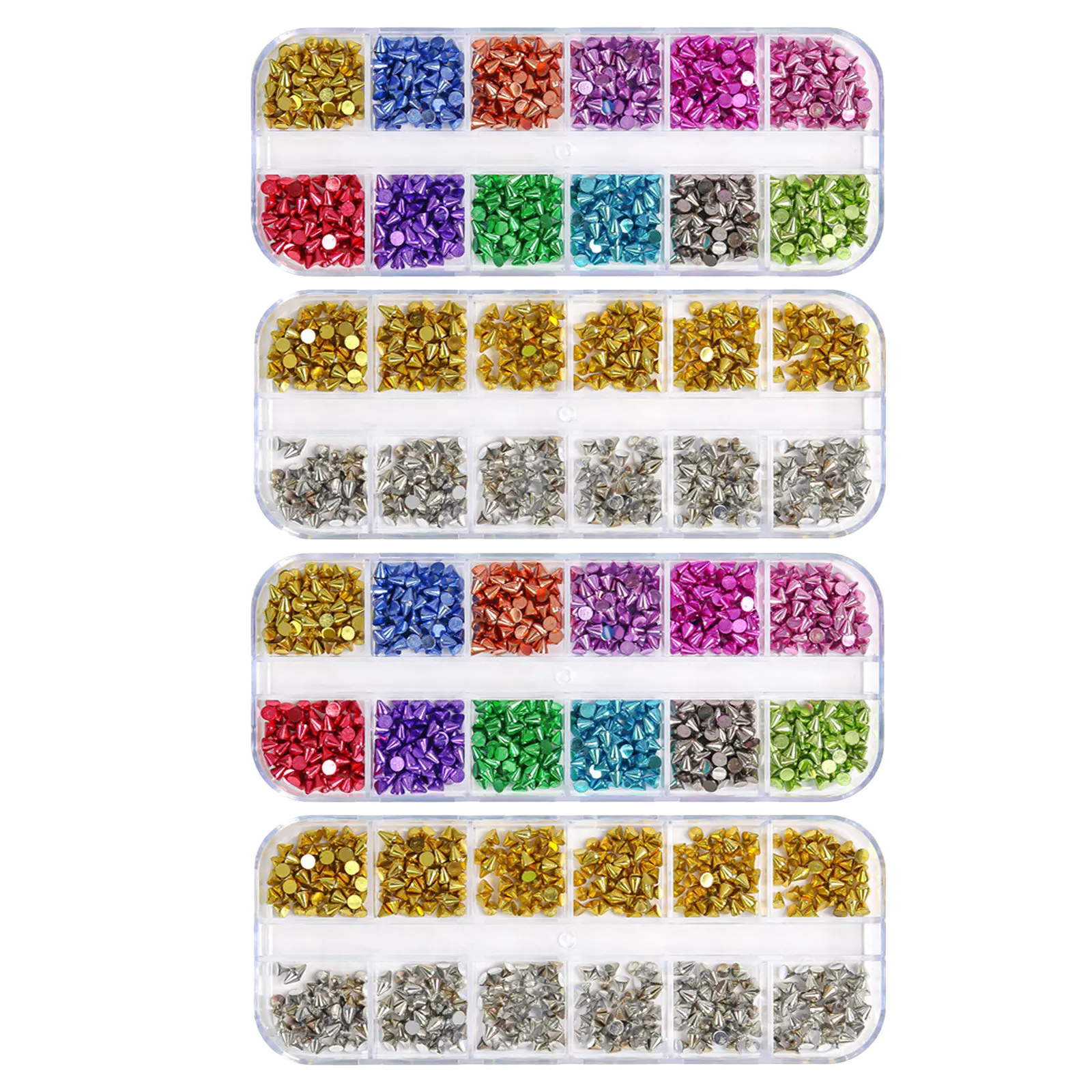 4 Boxes Nail Embellishments Set - Colorful Metal Cone Spikes Gold Silver in Organized Strip Case - Nail Art Studs Charms for DIY
