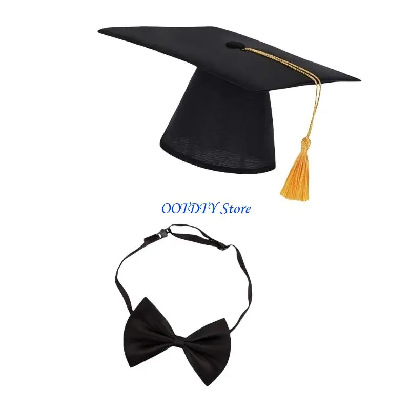 367A Dog Graduation Cap and BowTie Set with Yellow Tassels for Pet Celebration Safe Design