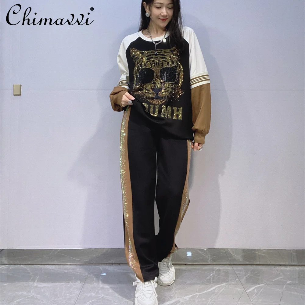 Moda em torno do pescoço manga longa topo calça oversized feminino conjunto pesado strass retalhos cor casual conjunto de duas peças