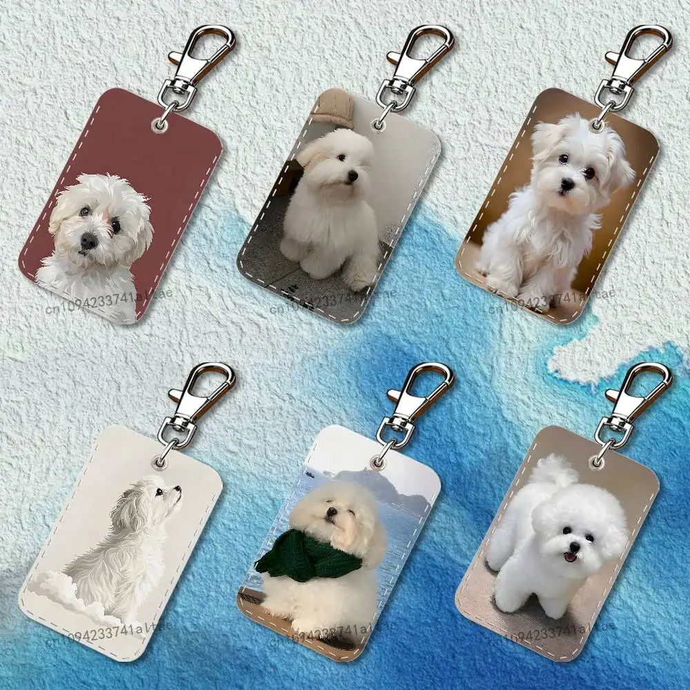 

China Line Puppy Maltese Dog Rectangle Card Case Leather Card Holder Keychain Key Ring Transportation Card Case