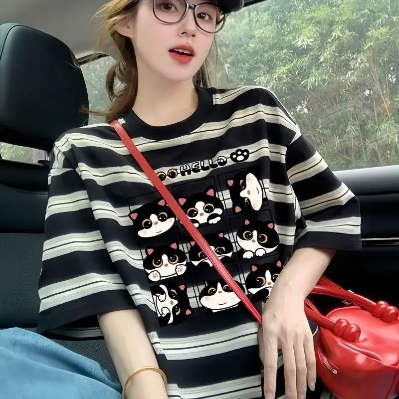 

Black Striped Short Sleeve T-Shirts Women Clothing 2025 New Casual Cartoon O-neck Oversized Top Tee Female All-match Tee Shirt