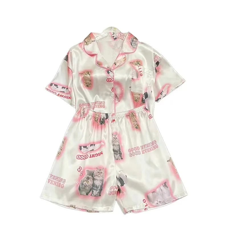 

Kawaii молодежная атласная домашняя одежда для девочек, короткая длинная модная пижама с милым котом и принтом, летняя новая тонкая пижама для женщин, шелковый домашний комплект