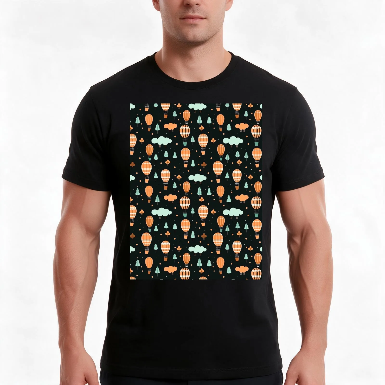 Hot Air Balloon Pattern Cute Colorful Vintage Retro T-Shirt, Summer Casual Cotton Tee, Oversized Streetwear Tops, 100% Cotton