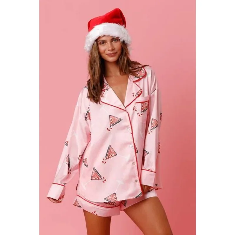 Women Christmas Printed Pajamas Home Two-Piece Suit Women Long-Sleeved Single-Breasted V-neck Shirt Elastic Waist Shorts Suit