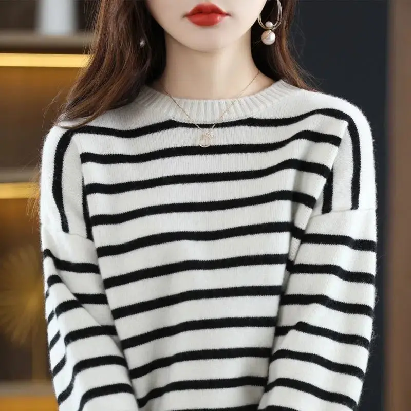 Sweaters Long Sleeve O-neck Ladies Patchwork Pullovers Women\'s Clothing Interior Lapping Printing Striped Autumn Winter Thin