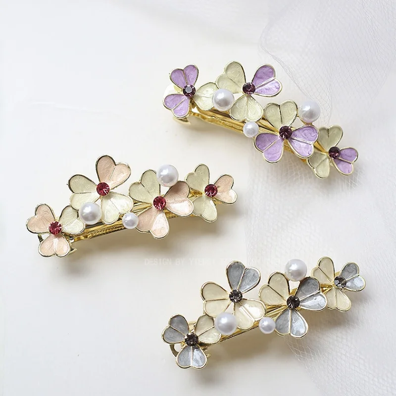 New Korean version of the leaf pearl spring hairpin flower rhinestone horizontal clip elegant female fashion hair accessories