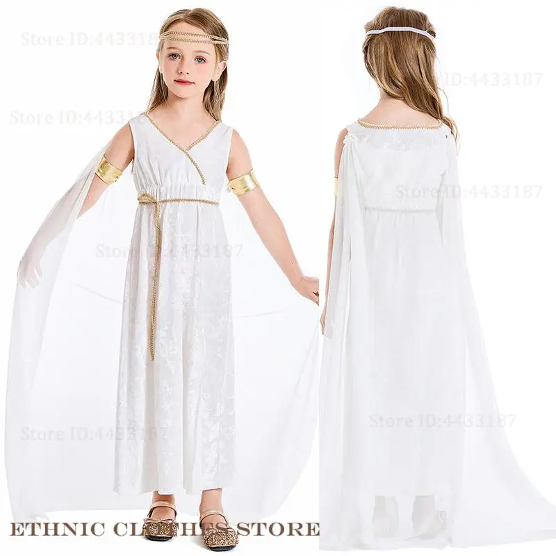 

Детский костюм на Хэллоуин, костюм греческой богини для девочек, элегантный белый плащ, платье королевы, длинная юбка, праздничный костюм принцессы для косплея