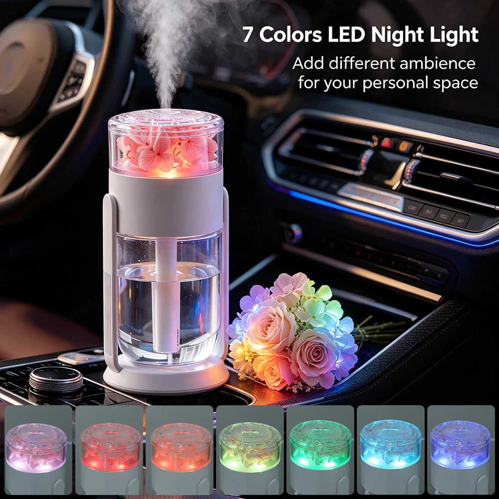 Humidifier USB Mini Preserved Flower 280ml Rotating Desk Cool Mist Maker with 7-Color LED Night Light for Bedroom Office Car