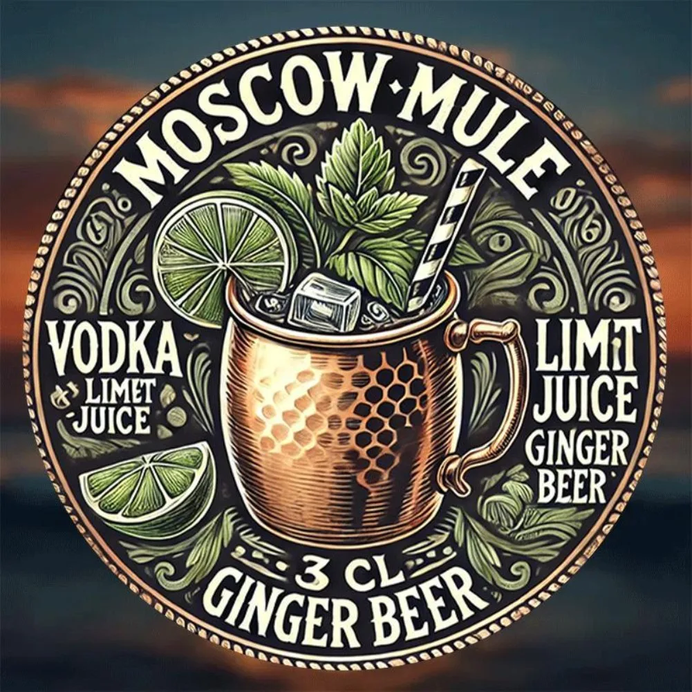 Vintage Moscú Mule Cocktail Letrero de metal redondo de 8" - Receta clásica con vodka, cerveza de lima y jengibre, diseño de taza de color cobre
