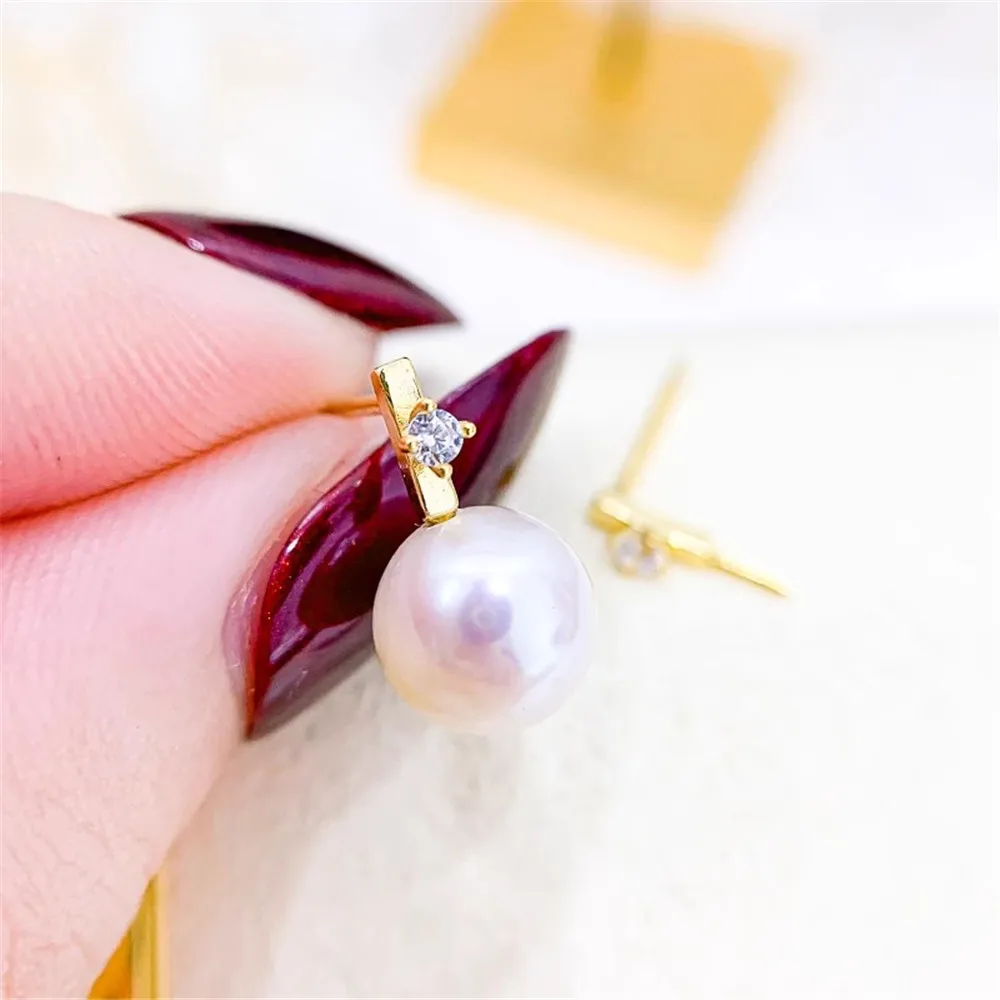 DIY Pearl Mini Accessories S925 Pure Silver Ear Stud Empty Holder Gold Silver Earrings Fit 7-10mm Round Beads E093