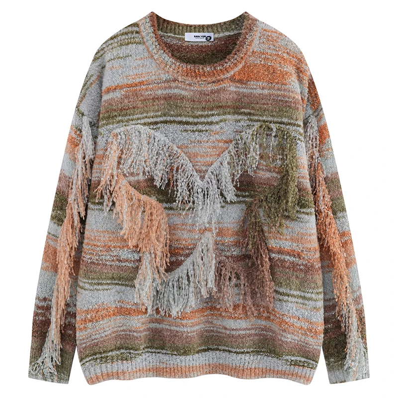 Bunter Fransen-Strickpullover, übergroßer Pullover, Retro-gestreift, langärmelig, Rundhalsausschnitt, Herbst-Winter, Boho, lockerer Pullover für Herren