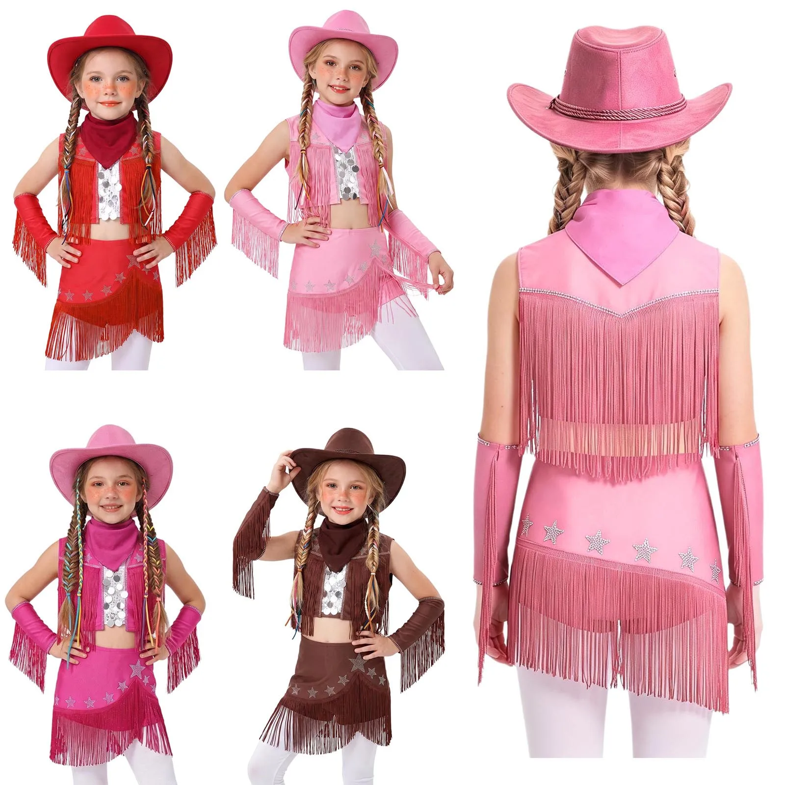 Kids Girls Cowgirl Costume Sleeveless Sequin Rhinestone Tassel Tops with Skirt and Gloves Hat for Rodeo Performance Dress Up view 5
