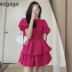 Ezgaga Dresses Woemn Lace Up Ruffles Patchwork Puff Short Sleeve Solid Korean Fashion Spring Summer Ladies Dress Casual