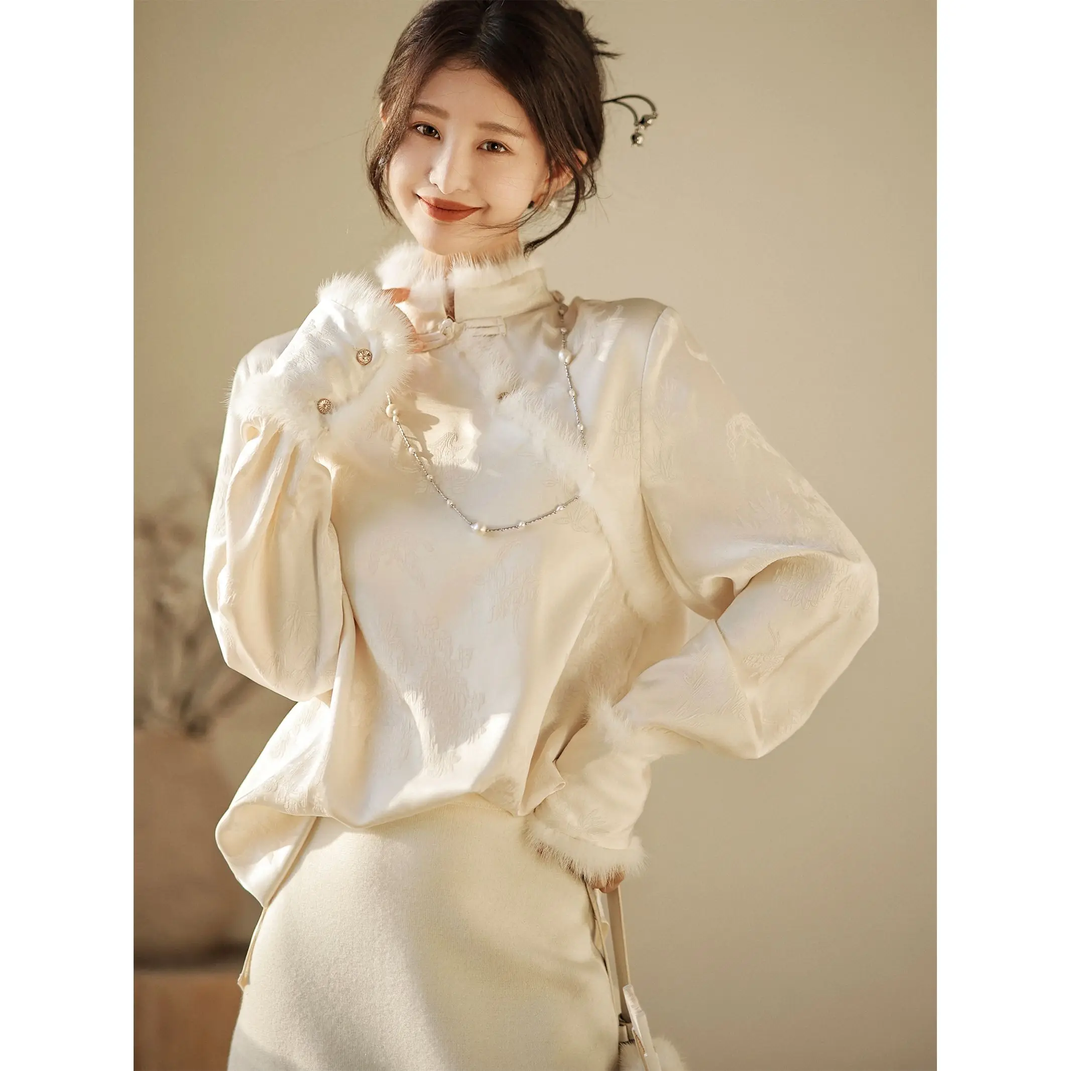 Chinese style women ol vintage coat autumn winter blouse elegant vintage clothing Stand Collar Warm casual daily cheongsam top