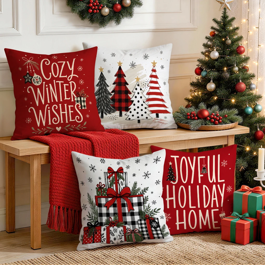 Red Toned Christmas Tree Pillowcase Printed Polyester 40/45/50cm Throw Pillowcover Decorative Sofa Cushion Pillowslip Home Decor