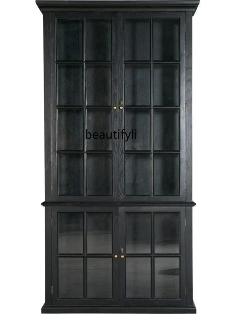 xx1American-Style Solid Wood Bookcase Retro Medieval Traditional Glass Window Display Dining Side Wine Cabinet