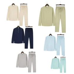 Autumn New Product Hot Sale for Foreign Trade Men's Solid Color Casual T-shirt Long Sleeve Shirt Long Pants Set Trend