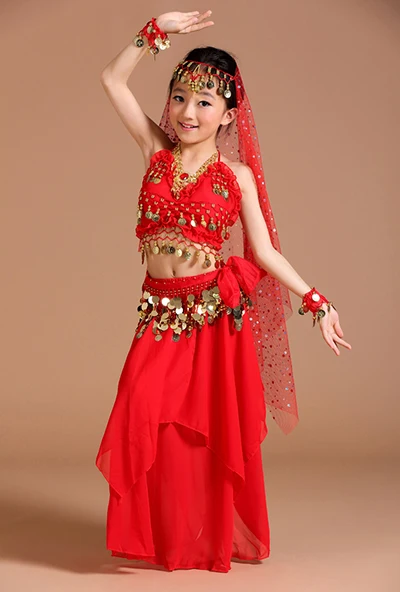 5-częściowy zestaw strojów do tańca brzucha, indyjski strój, ręcznie robione stroje do tańca brzucha dla dzieci, stroje do występów bollywoodzkich dla dziewczynek