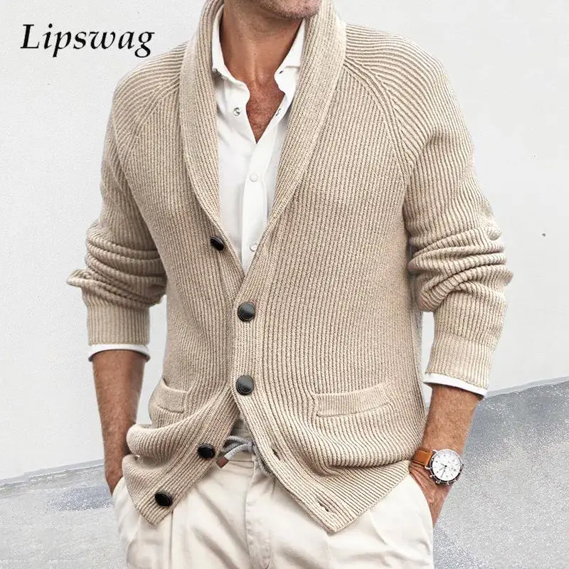 Autumn Mens Sweater Coats Fashion Button-up Turn-down Collar Knitted Jacket Winter Vintage Solid Color Long Sleeve Sweaters Men